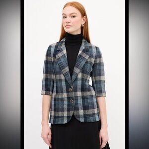 Smythe Blue Plaid Wool Short Sleeve Blazer Jacket Womens Size 12